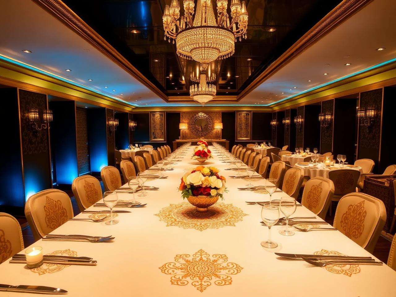Long banquet table set with floral centrepieces for a wedding reception at The Grand Palace, Sydney CBD